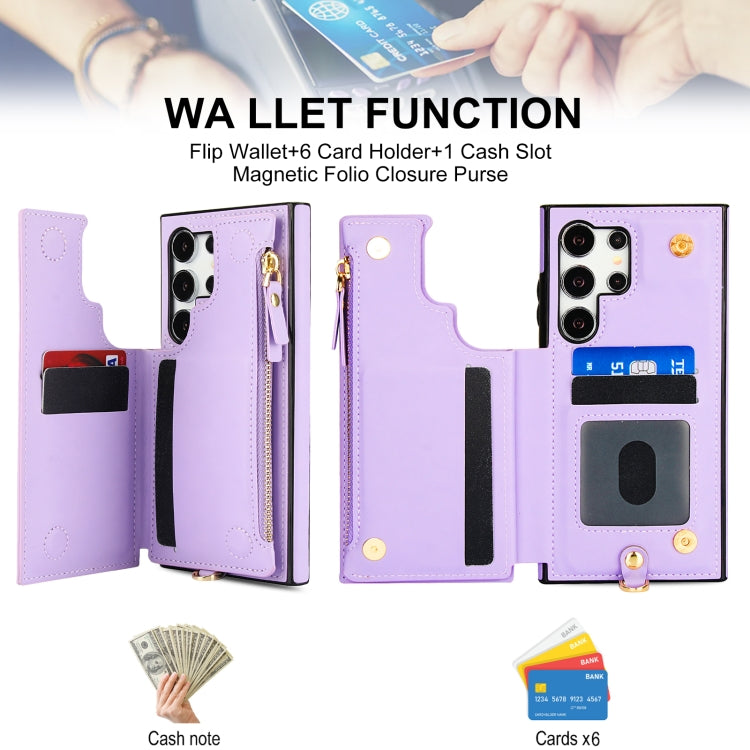 For Samsung Galaxy S24 Ultra 5G Double Flap Zipper RFID Leather Phone Case with Short Lanyard