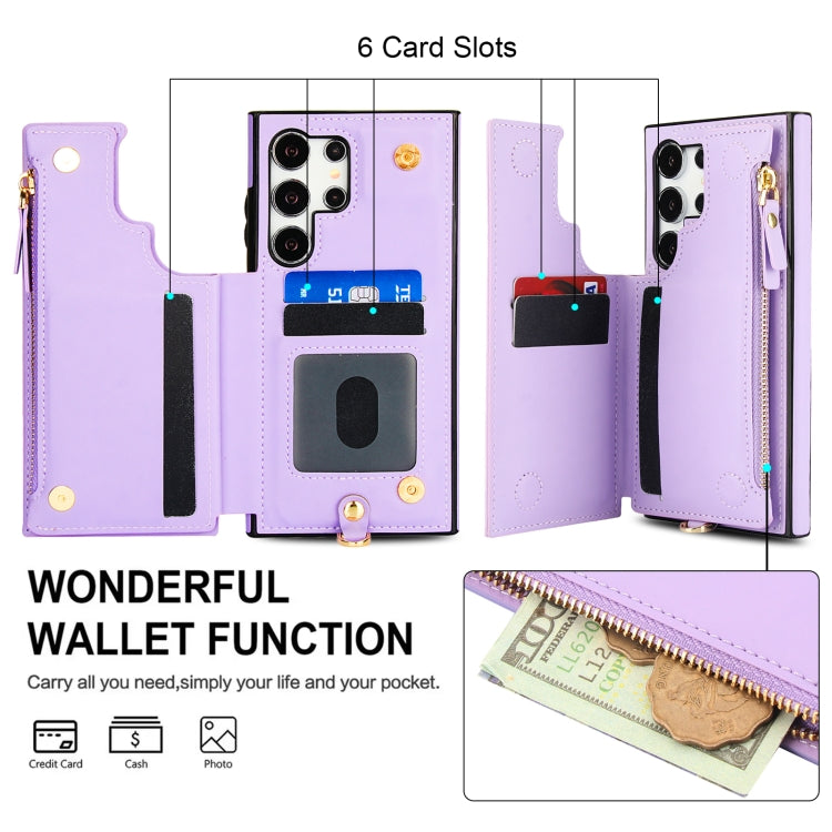 For Samsung Galaxy S24 Ultra 5G Double Flap Zipper RFID Leather Phone Case with Short Lanyard