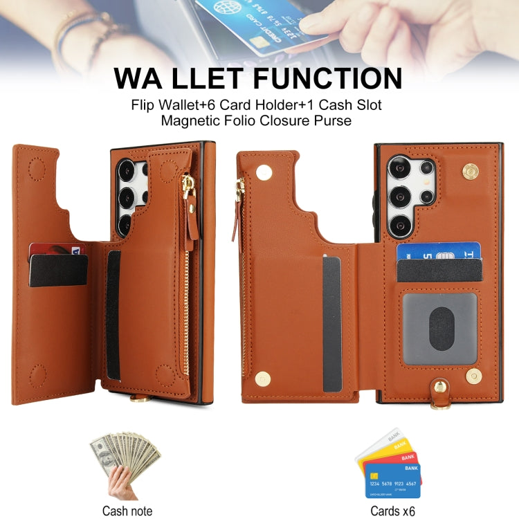 For Samsung Galaxy S24 Ultra 5G Double Flap Zipper RFID Leather Phone Case with Short Lanyard