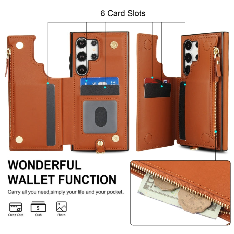 For Samsung Galaxy S24 Ultra 5G Double Flap Zipper RFID Leather Phone Case with Short Lanyard