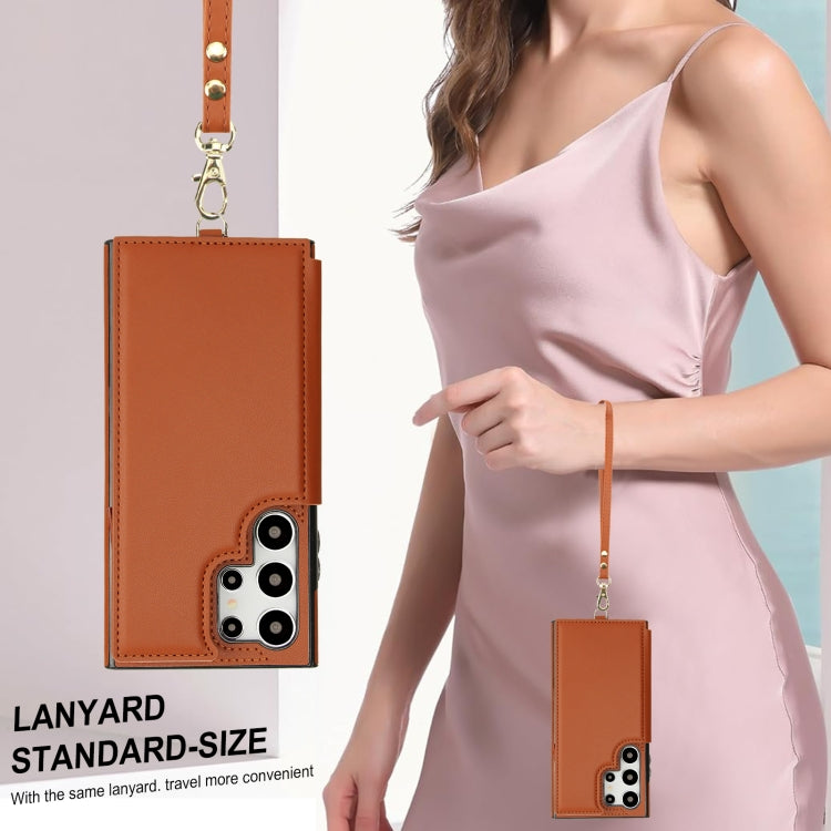 For Samsung Galaxy S24 Ultra 5G Double Flap Zipper RFID Leather Phone Case with Short Lanyard