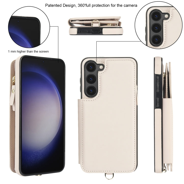 For Samsung Galaxy S23 5G Double Flap Zipper RFID Leather Phone Case with Short Lanyard