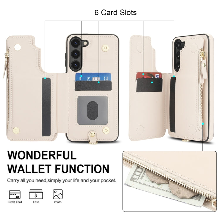 For Samsung Galaxy S23 5G Double Flap Zipper RFID Leather Phone Case with Short Lanyard