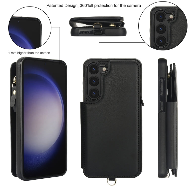 For Samsung Galaxy S23 5G Double Flap Zipper RFID Leather Phone Case with Short Lanyard