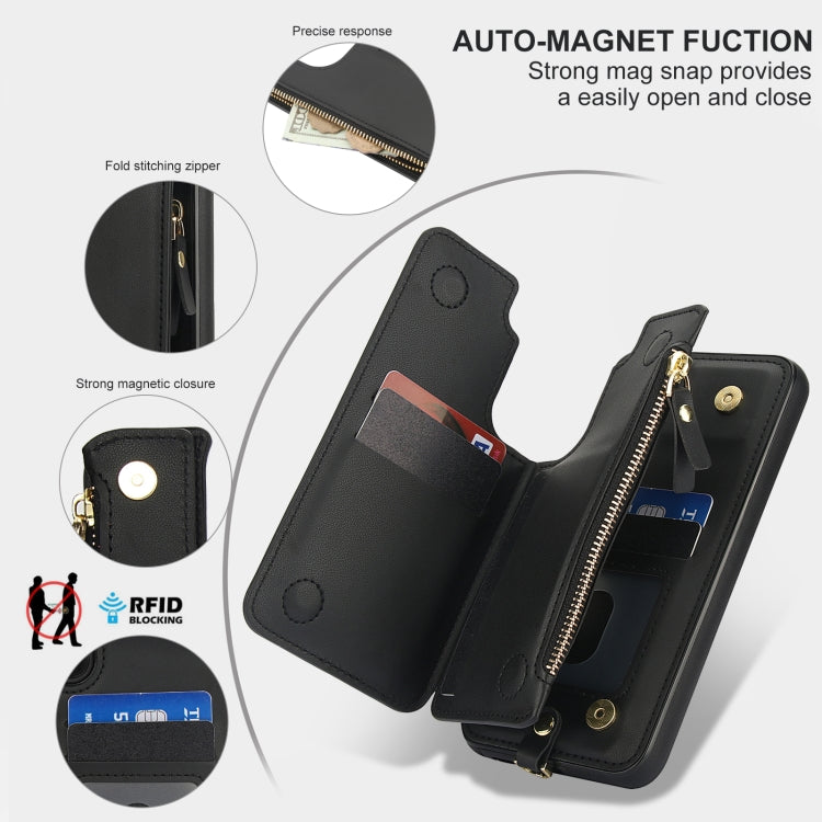 For Samsung Galaxy S23 5G Double Flap Zipper RFID Leather Phone Case with Short Lanyard
