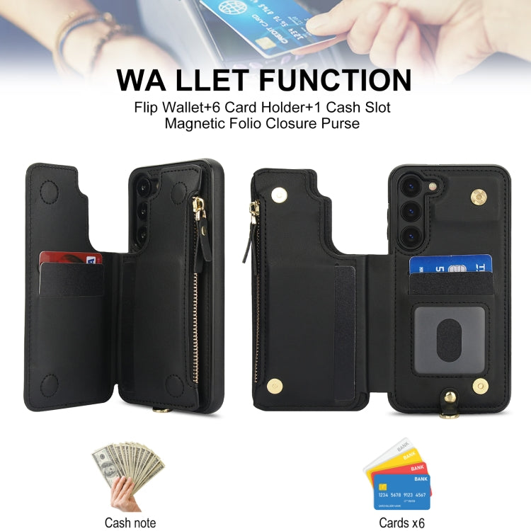 For Samsung Galaxy S23 5G Double Flap Zipper RFID Leather Phone Case with Short Lanyard