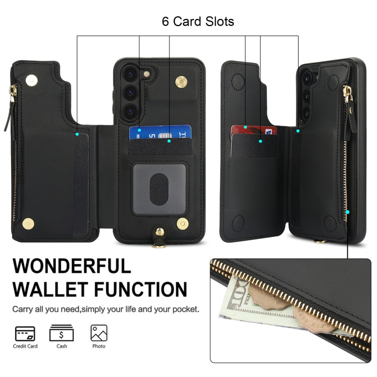 For Samsung Galaxy S23 5G Double Flap Zipper RFID Leather Phone Case with Short Lanyard