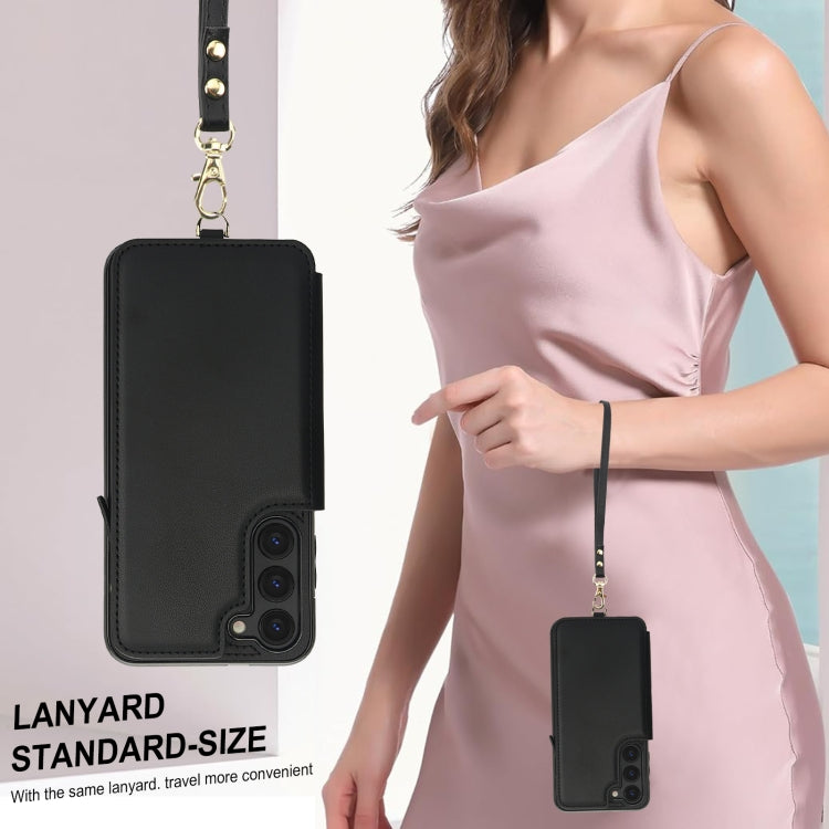 For Samsung Galaxy S23 5G Double Flap Zipper RFID Leather Phone Case with Short Lanyard