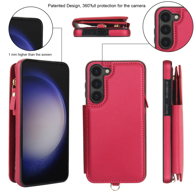 For Samsung Galaxy S23 5G Double Flap Zipper RFID Leather Phone Case with Short Lanyard