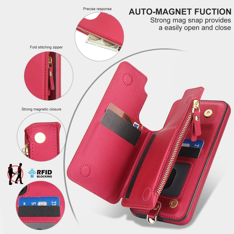 For Samsung Galaxy S23 5G Double Flap Zipper RFID Leather Phone Case with Short Lanyard