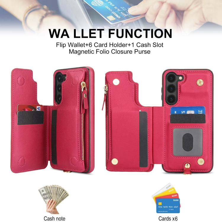 For Samsung Galaxy S23 5G Double Flap Zipper RFID Leather Phone Case with Short Lanyard