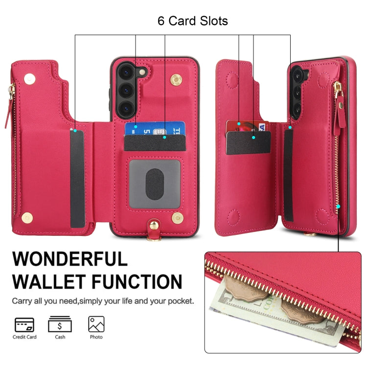 For Samsung Galaxy S23 5G Double Flap Zipper RFID Leather Phone Case with Short Lanyard