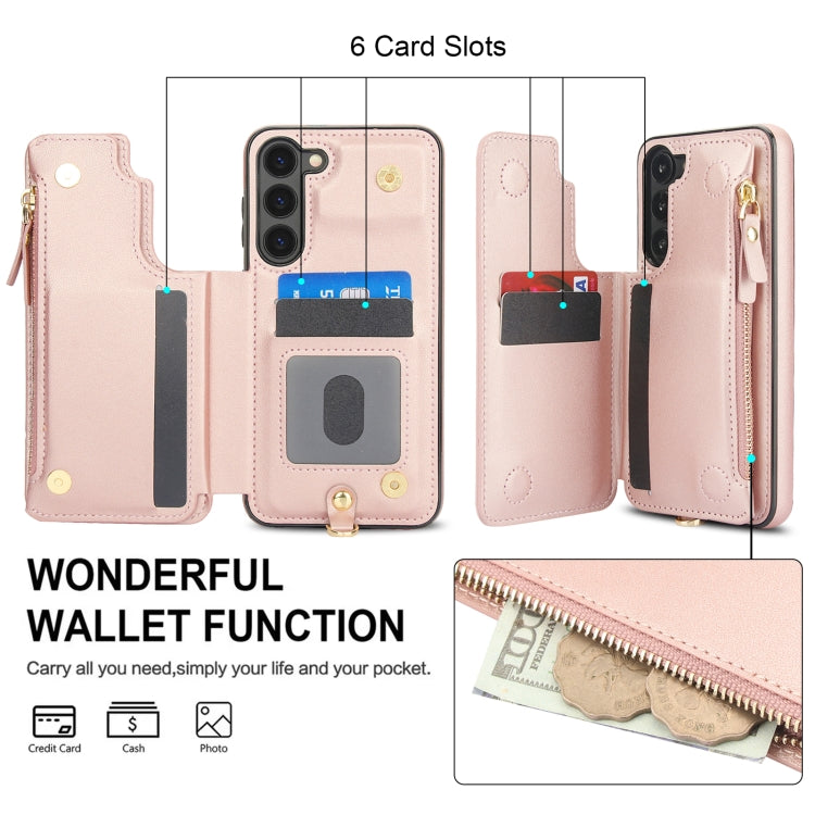 For Samsung Galaxy S23 5G Double Flap Zipper RFID Leather Phone Case with Short Lanyard