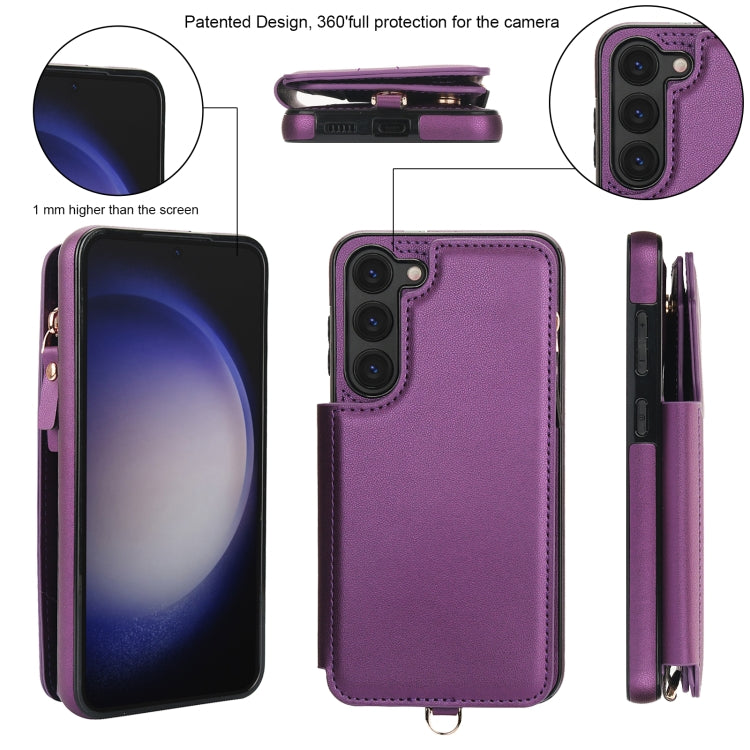 For Samsung Galaxy S23 5G Double Flap Zipper RFID Leather Phone Case with Short Lanyard