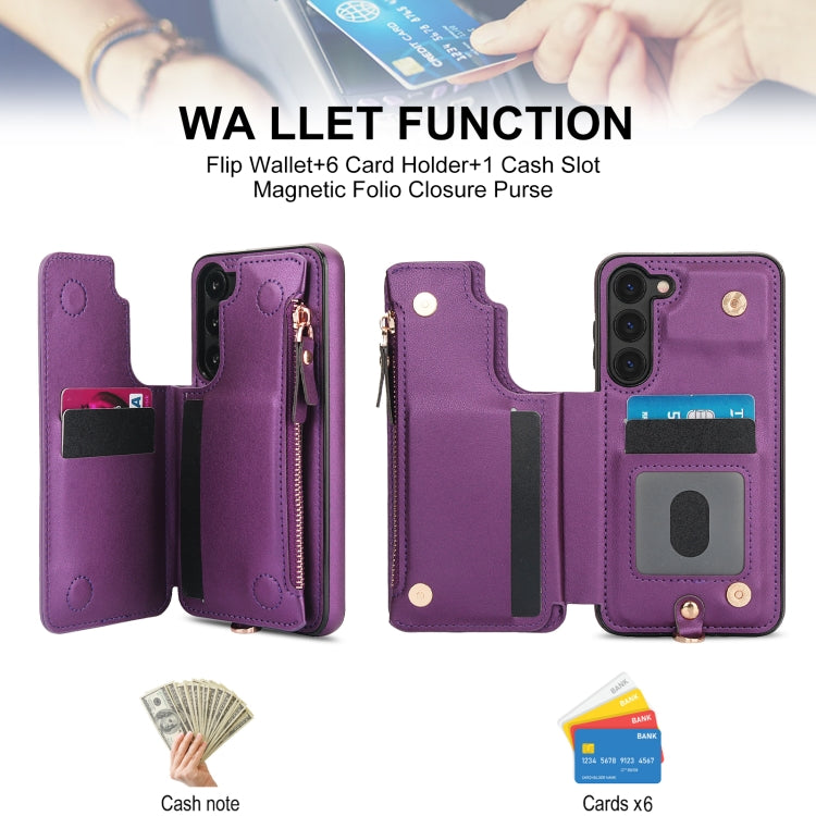 For Samsung Galaxy S23 5G Double Flap Zipper RFID Leather Phone Case with Short Lanyard