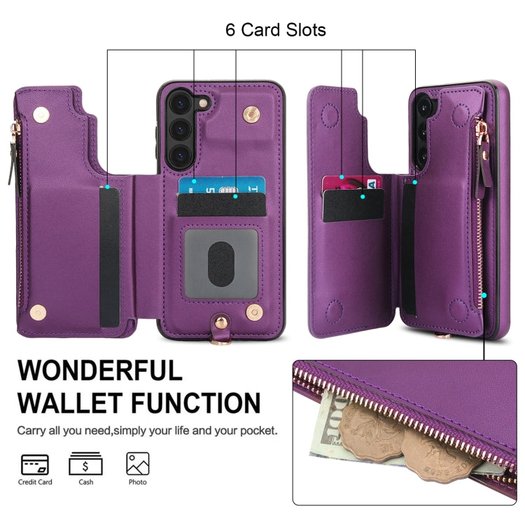 For Samsung Galaxy S23 5G Double Flap Zipper RFID Leather Phone Case with Short Lanyard