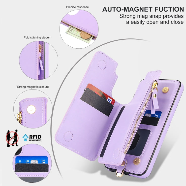 For Samsung Galaxy S23 5G Double Flap Zipper RFID Leather Phone Case with Short Lanyard