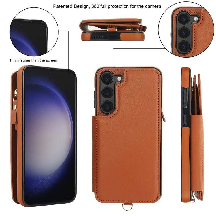 For Samsung Galaxy S23 5G Double Flap Zipper RFID Leather Phone Case with Short Lanyard