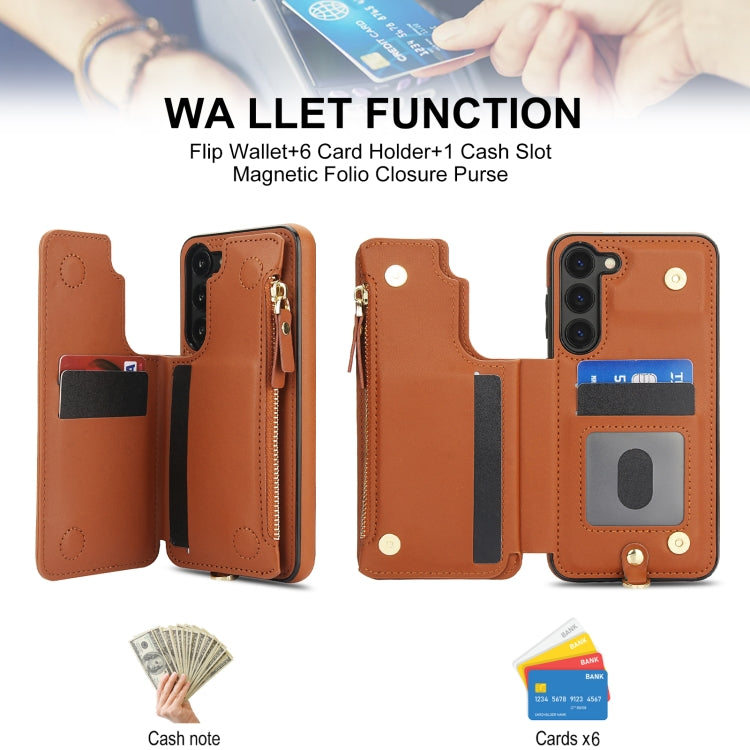 For Samsung Galaxy S23 5G Double Flap Zipper RFID Leather Phone Case with Short Lanyard