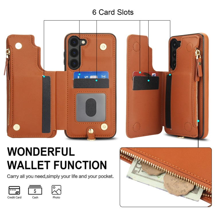 For Samsung Galaxy S23 5G Double Flap Zipper RFID Leather Phone Case with Short Lanyard