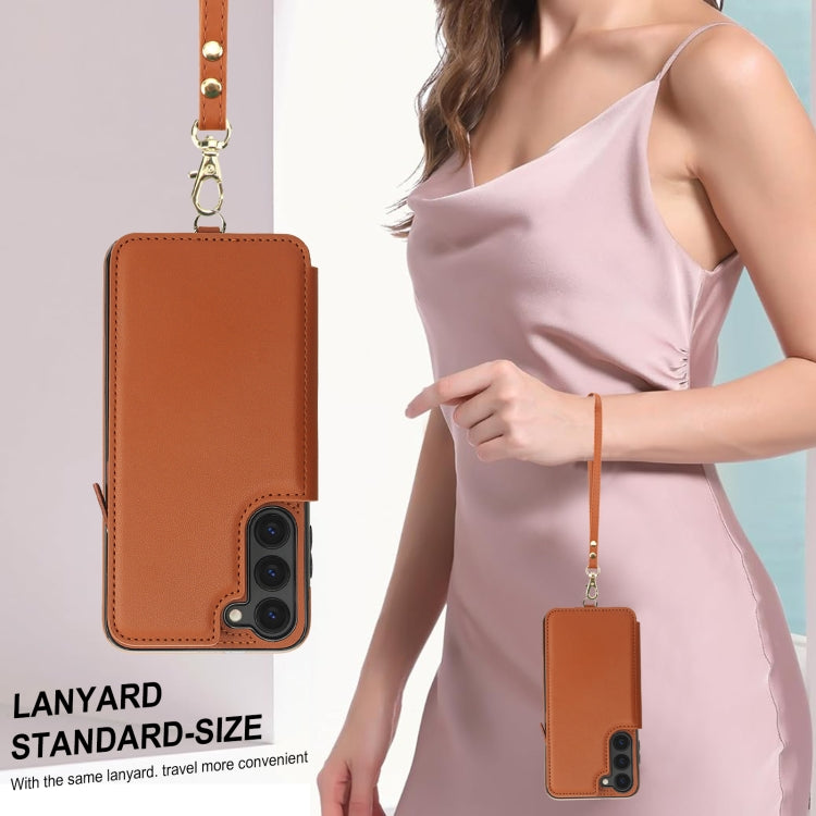 For Samsung Galaxy S23 5G Double Flap Zipper RFID Leather Phone Case with Short Lanyard