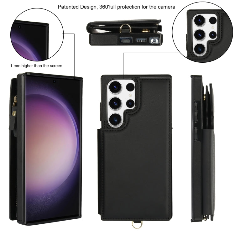 For Samsung Galaxy S23 Ultra 5G Double Flap Zipper RFID Leather Phone Case with Short Lanyard