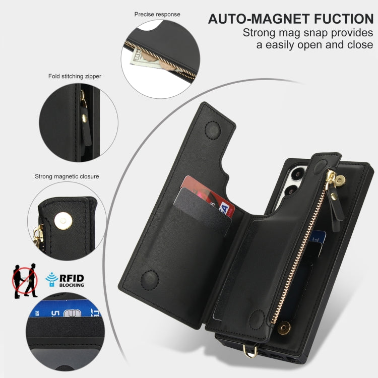 For Samsung Galaxy S23 Ultra 5G Double Flap Zipper RFID Leather Phone Case with Short Lanyard