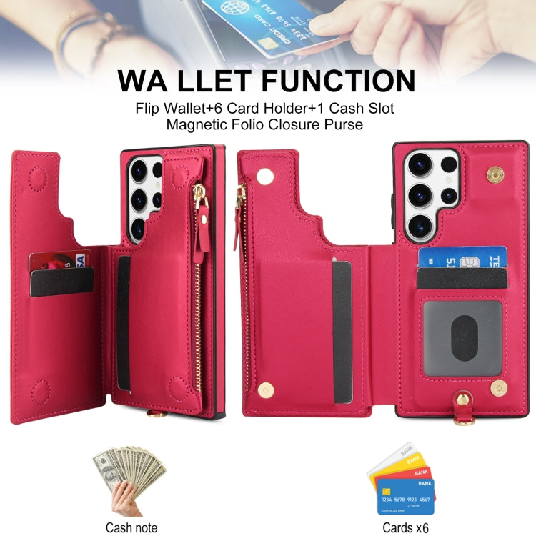 For Samsung Galaxy S23 Ultra 5G Double Flap Zipper RFID Leather Phone Case with Short Lanyard