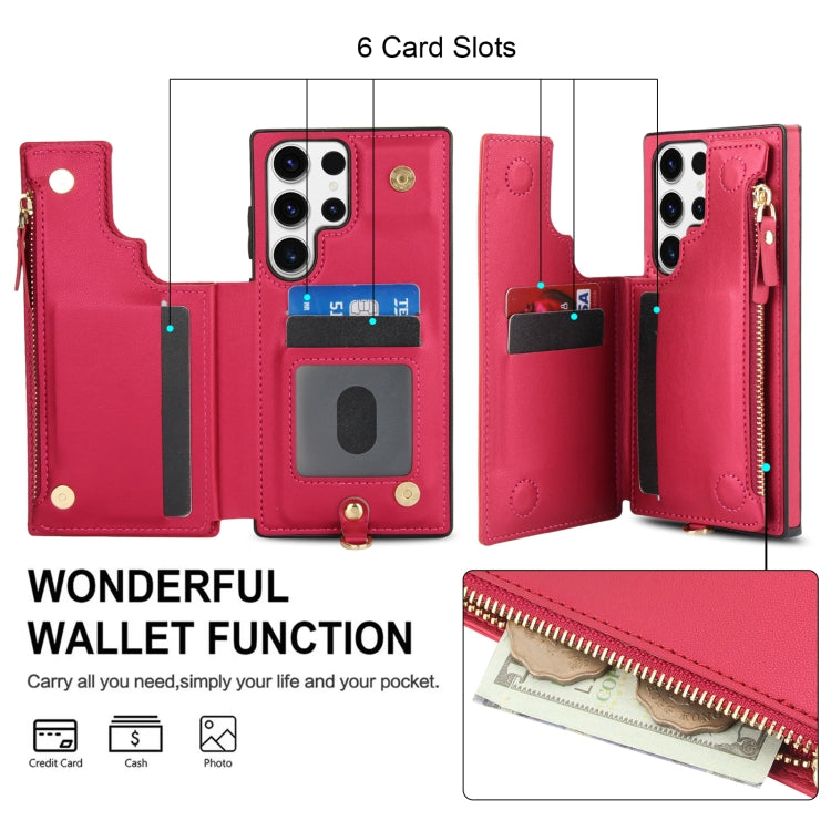 For Samsung Galaxy S23 Ultra 5G Double Flap Zipper RFID Leather Phone Case with Short Lanyard