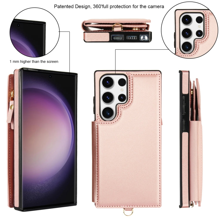 For Samsung Galaxy S23 Ultra 5G Double Flap Zipper RFID Leather Phone Case with Short Lanyard
