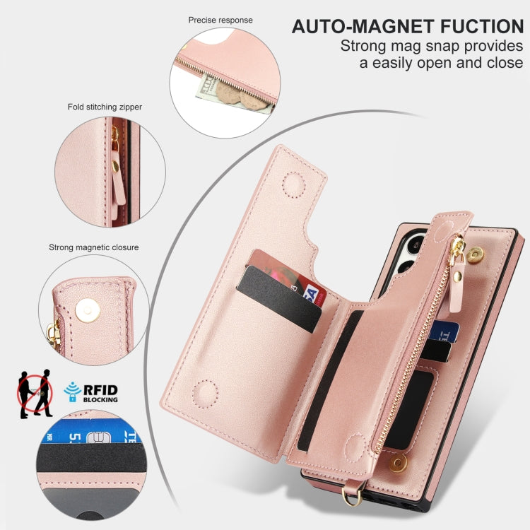 For Samsung Galaxy S23 Ultra 5G Double Flap Zipper RFID Leather Phone Case with Short Lanyard