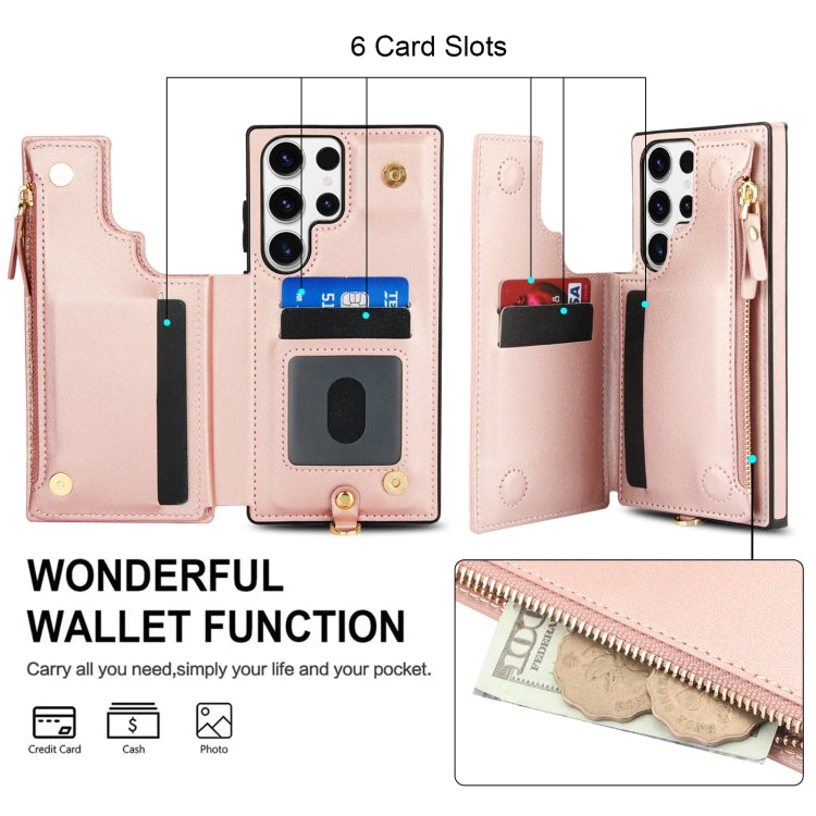 For Samsung Galaxy S23 Ultra 5G Double Flap Zipper RFID Leather Phone Case with Short Lanyard
