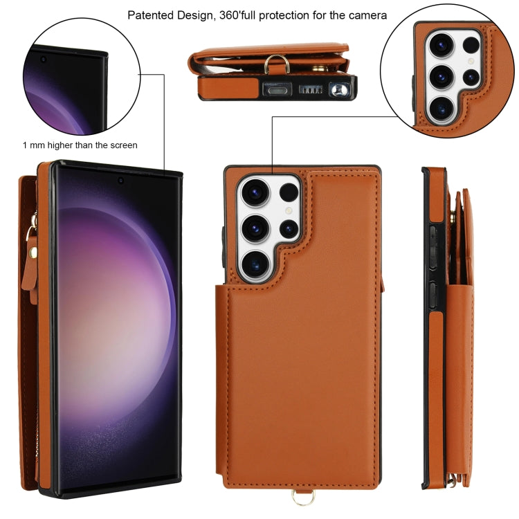 For Samsung Galaxy S23 Ultra 5G Double Flap Zipper RFID Leather Phone Case with Short Lanyard