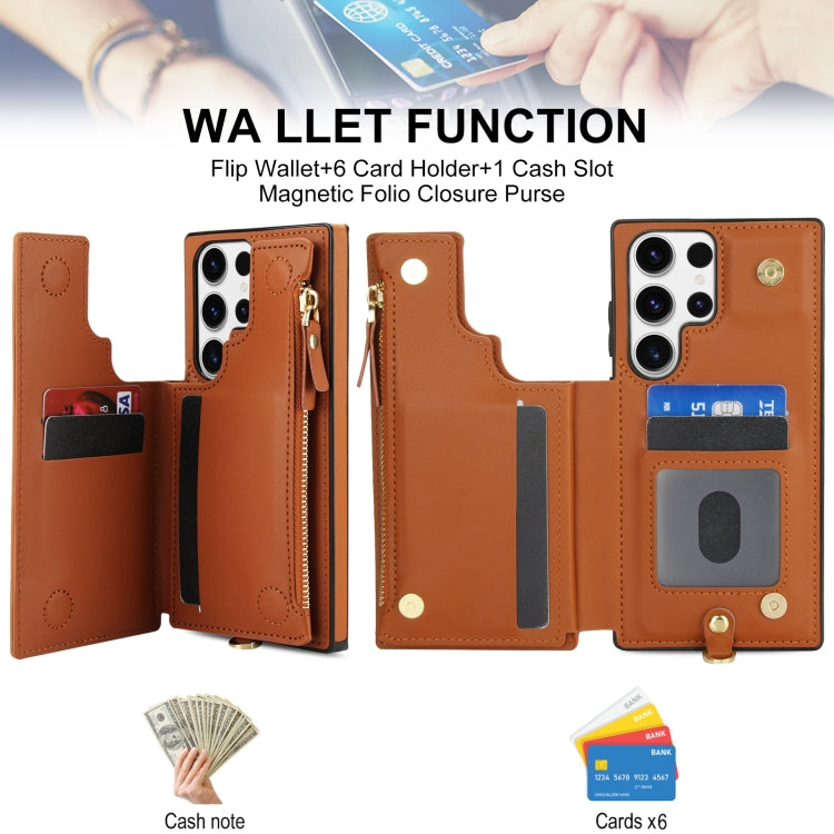 For Samsung Galaxy S23 Ultra 5G Double Flap Zipper RFID Leather Phone Case with Short Lanyard