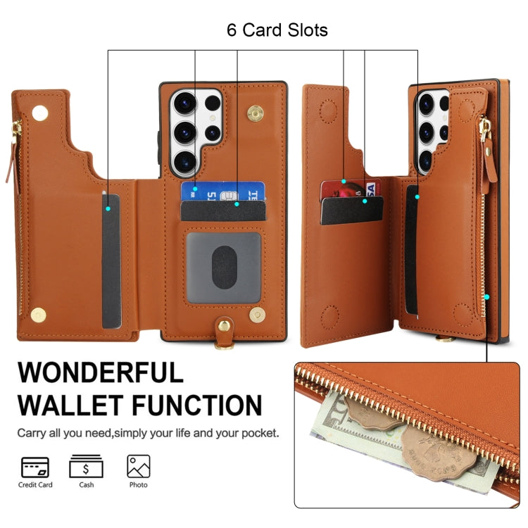 For Samsung Galaxy S23 Ultra 5G Double Flap Zipper RFID Leather Phone Case with Short Lanyard