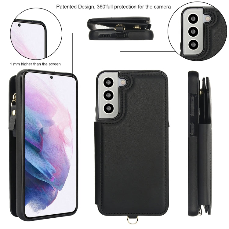 For Samsung Galaxy S22+ 5G Double Flap Zipper RFID Leather Phone Case with Short Lanyard
