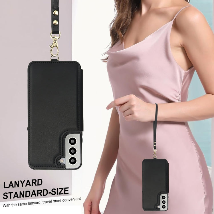 For Samsung Galaxy S22+ 5G Double Flap Zipper RFID Leather Phone Case with Short Lanyard