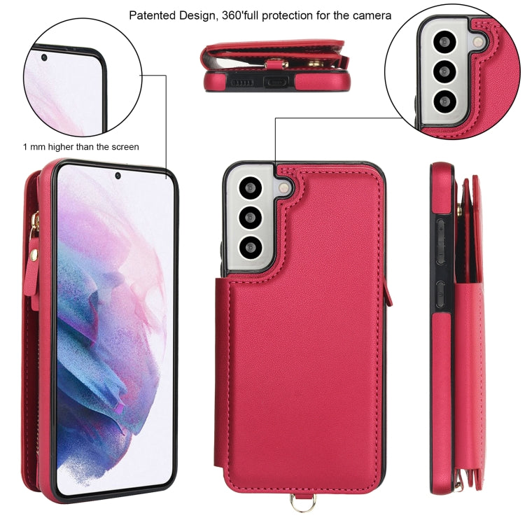 For Samsung Galaxy S22+ 5G Double Flap Zipper RFID Leather Phone Case with Short Lanyard