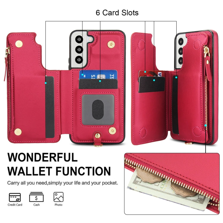 For Samsung Galaxy S22+ 5G Double Flap Zipper RFID Leather Phone Case with Short Lanyard