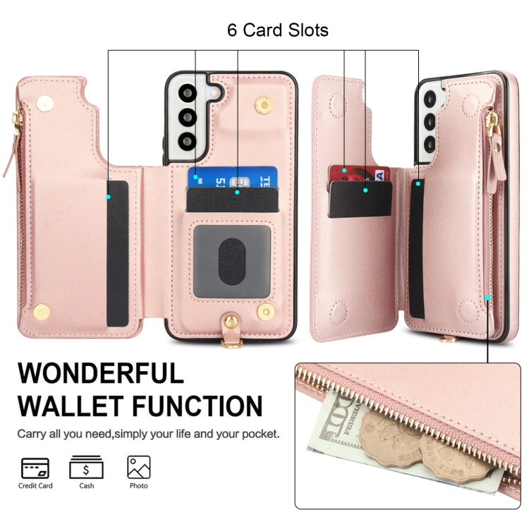 For Samsung Galaxy S22+ 5G Double Flap Zipper RFID Leather Phone Case with Short Lanyard