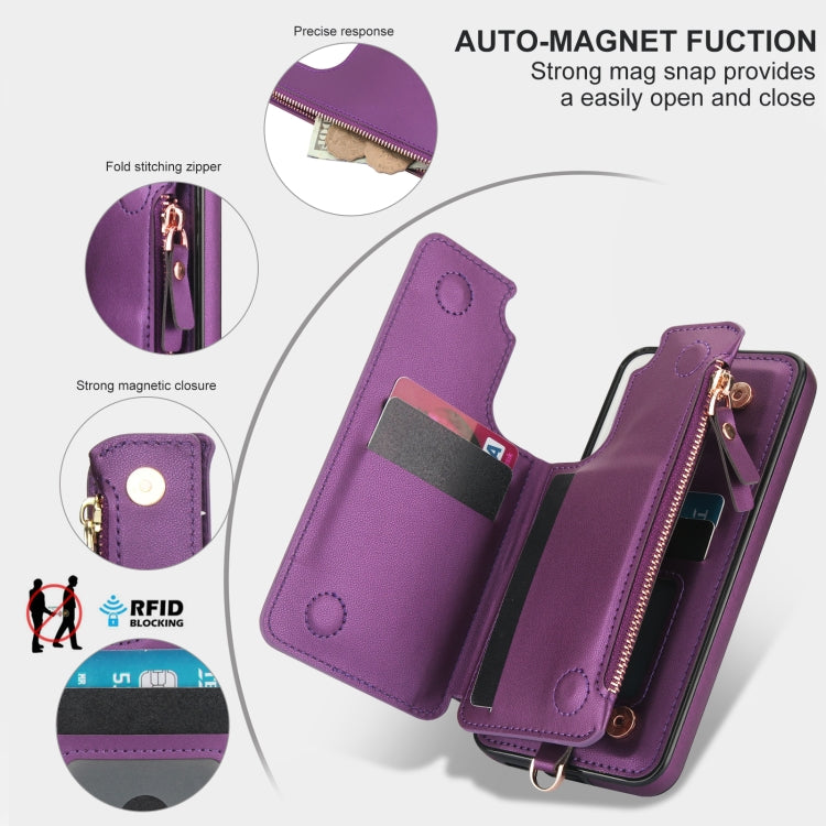 For Samsung Galaxy S22+ 5G Double Flap Zipper RFID Leather Phone Case with Short Lanyard