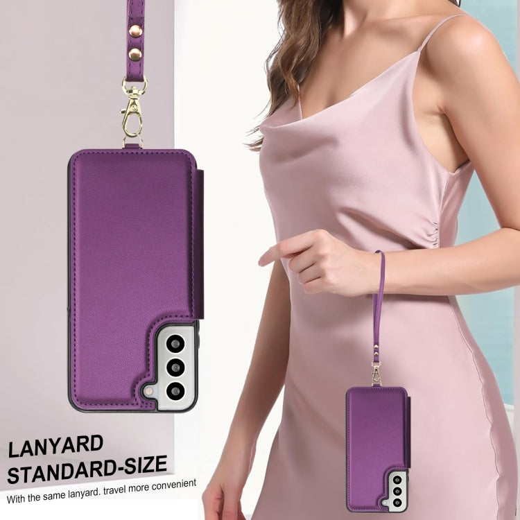 For Samsung Galaxy S22+ 5G Double Flap Zipper RFID Leather Phone Case with Short Lanyard