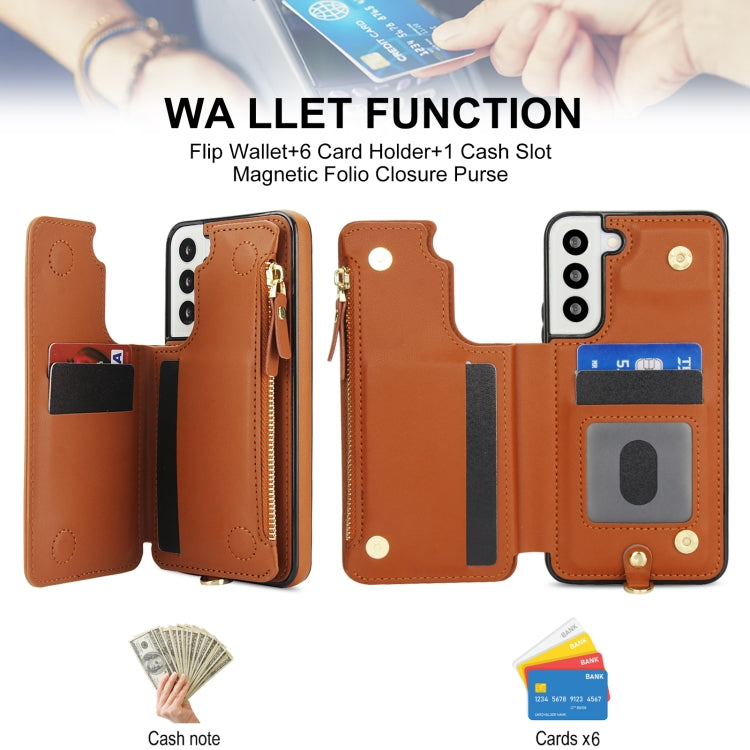 For Samsung Galaxy S22+ 5G Double Flap Zipper RFID Leather Phone Case with Short Lanyard