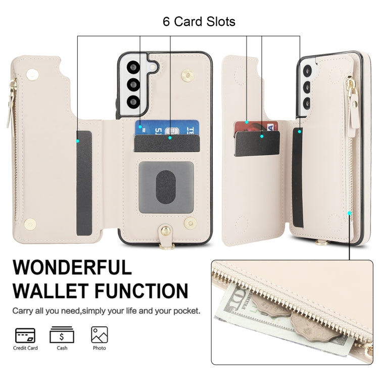 For Samsung Galaxy S22 5G Double Flap Zipper RFID Leather Phone Case with Short Lanyard