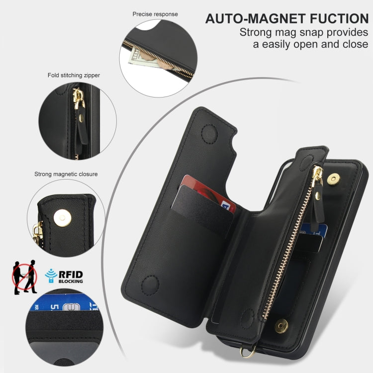 For Samsung Galaxy S22 5G Double Flap Zipper RFID Leather Phone Case with Short Lanyard