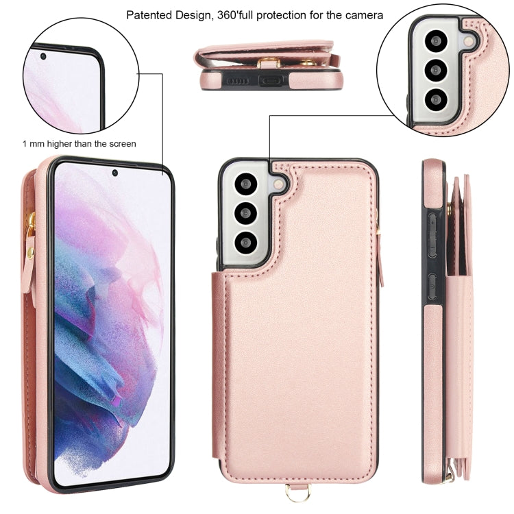 For Samsung Galaxy S22 5G Double Flap Zipper RFID Leather Phone Case with Short Lanyard