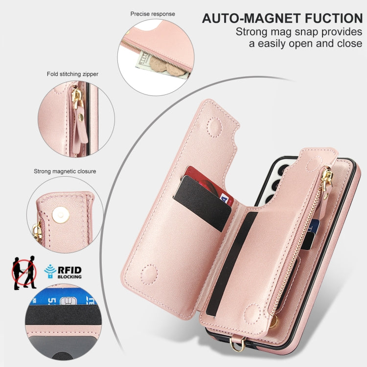 For Samsung Galaxy S22 5G Double Flap Zipper RFID Leather Phone Case with Short Lanyard