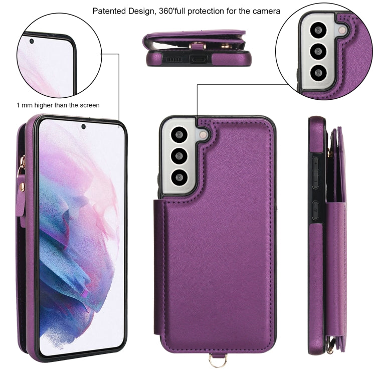 For Samsung Galaxy S22 5G Double Flap Zipper RFID Leather Phone Case with Short Lanyard