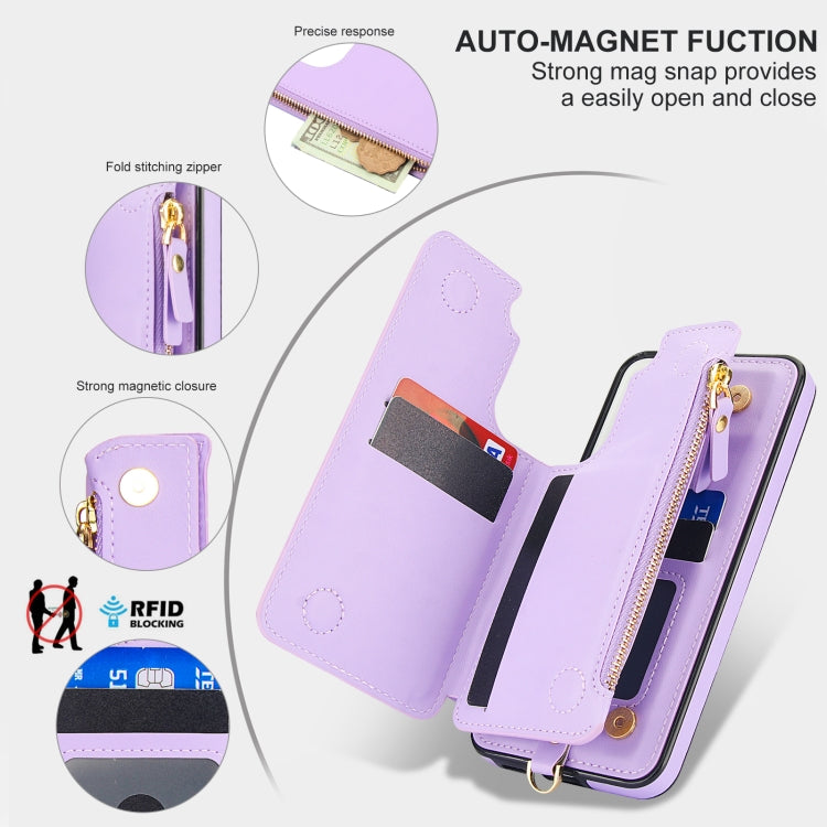 For Samsung Galaxy S22 5G Double Flap Zipper RFID Leather Phone Case with Short Lanyard