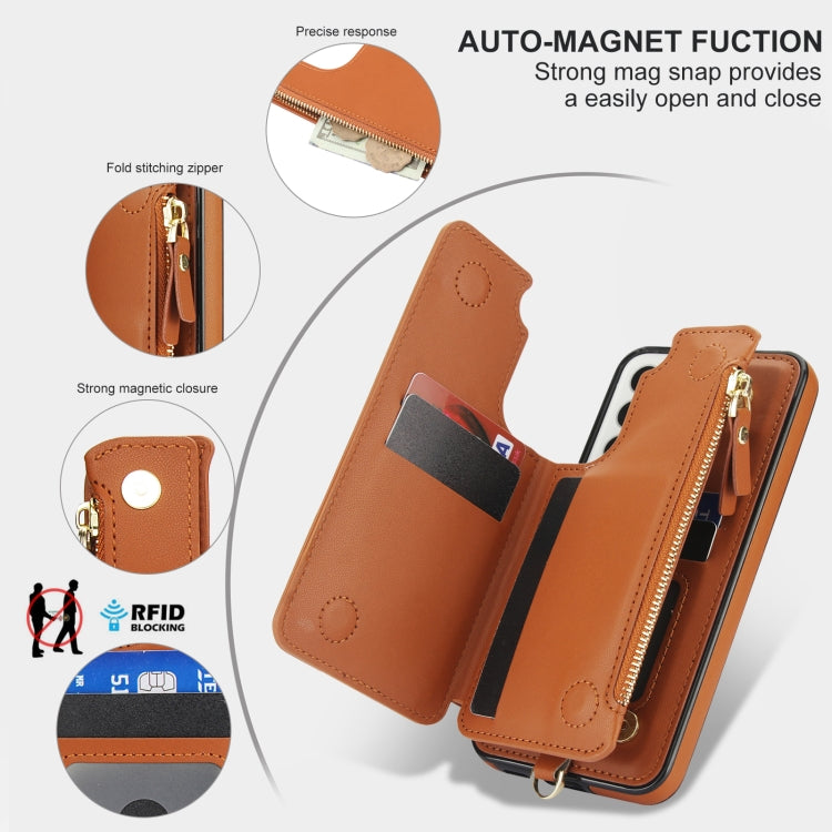 For Samsung Galaxy S22 5G Double Flap Zipper RFID Leather Phone Case with Short Lanyard